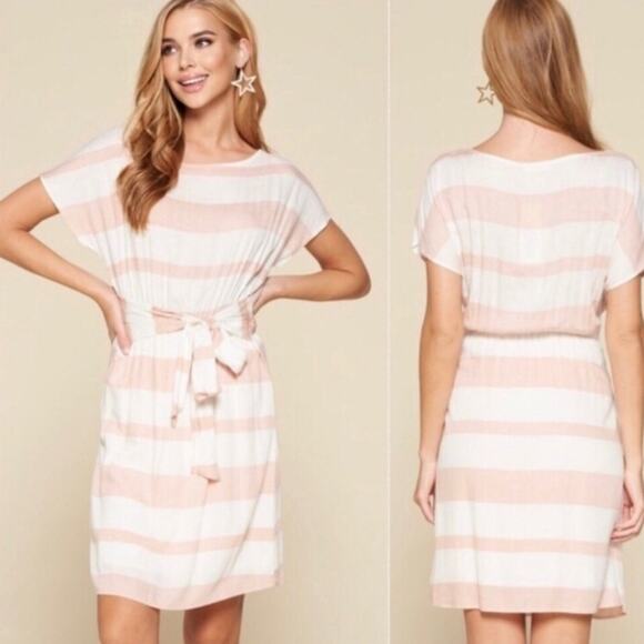 Oddy Women's Short Sleeve Dolman T-Shirt Tie Elastic Waist Midi Dress in Peach - Picture 9 of 9